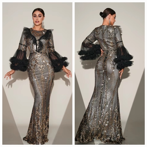 Silver Sequin Gown with V-Neck and Bishop Sleeves - Picture 2 of 15